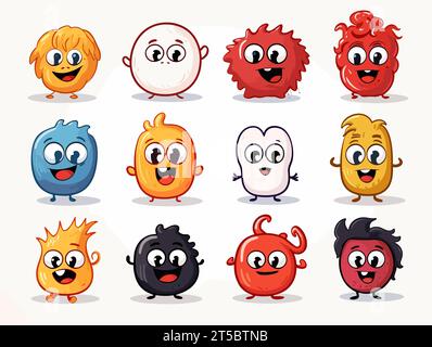 Zeichnung von 8 Typen Symbol für Doodle Emoji Face Set Illustration getrennte, überzogene Linien. Stock Vektor
