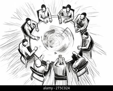 Zeichnung der Szene von Business Meeting Draufsicht, Abbildung getrennte, überzogene Linien. Stock Vektor