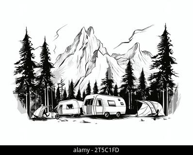 Zeichnung des Campingplatzes mit Wohnmobil Zelt felsige Berge Illustration getrennte, überzogene Linien. Stock Vektor