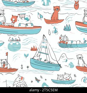 Zeichnung von niedlichen Tieren in Booten Kinder Meeresmuster Design Illustration getrennte, schwungvolle überzogene Linien. Stock Vektor