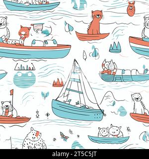 Zeichnung von niedlichen Tieren in Booten Kinder Meeresmuster Design Illustration getrennte, schwungvolle überzogene Linien. Stock Vektor