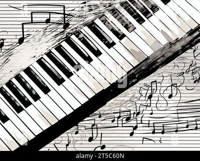 Detailzeichnung einer Musiktastatur mit Notizen grunge Hintergrundillustration getrennte, überzogene Linien. Stock Vektor