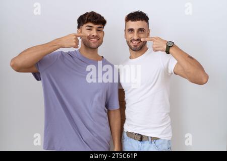 Homosexuelles schwules Paar, das über weißem Hintergrund steht und mit dem Finger auf Gesicht und Nase zeigt, fröhlich lächelnd. Schönheitskonzept Stockfoto