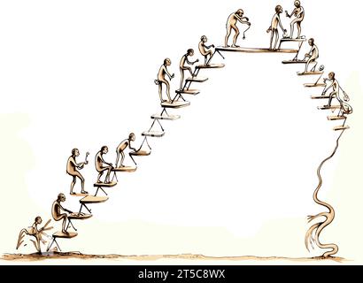 Zeichnung der Evolution die soziale Leiter hinaufklettern Illustration getrennte, überzogene Linien. Stock Vektor