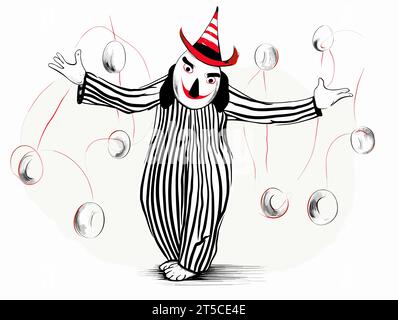 Zeichnung der Illustration eines isolierten Clownspinguins, der auf weißer Illustration jongliert, getrennte, schwungvolle überzogene Linien. Stock Vektor