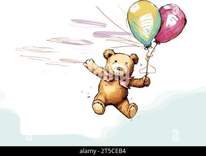 Zeichnung der Illustration isolierter Teddybären-Fliegen mit Ballon-Illustration getrennte, schwungvolle überzogene Linien. Stock Vektor