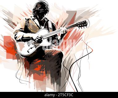 Zeichnung von Live-Musik Hintergrund Gitarrenspieler und öffentliche Illustration getrennte, schwungvolle überzogene Linien. Stock Vektor