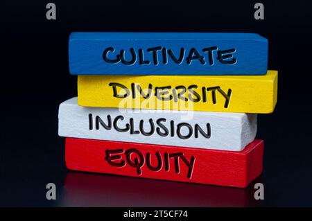 Pflegen Sie Vielfalt, Einbeziehung und Gerechtigkeit auf bunten Holzblöcken. Stockfoto