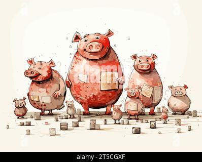 Zeichnung von Piggy Banks Superannuation Finance Business Illustration getrennte, überzogene Linien. Stock Vektor