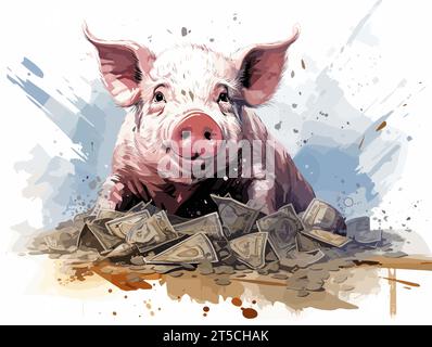 Zeichnung von Schweinchen mit Geldillustration getrennte, überzogene Linien. Stock Vektor
