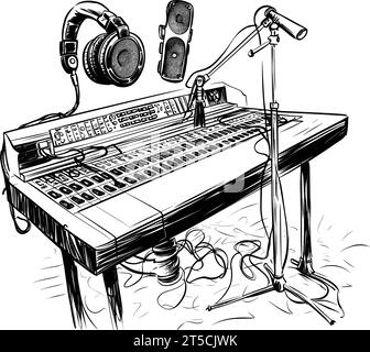 Zeichnung des Studio-Mikrofons und der Illustration der Mischkonsole getrennte, überzogene Linien. Stock Vektor