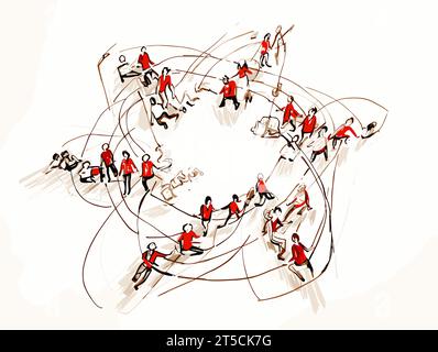 Zeichnung von Teammitgliedern, die zusammen arbeiten, Abbildung Draufsicht getrennte, überzogene Linien. Stock Vektor