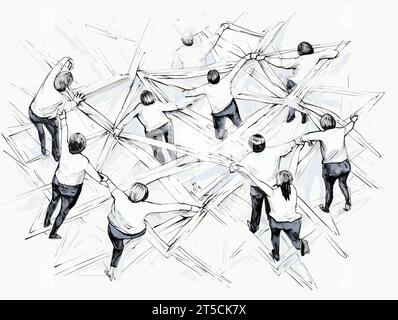 Zeichnung von Teammitgliedern, die zusammen arbeiten, Abbildung Draufsicht getrennte, überzogene Linien. Stock Vektor