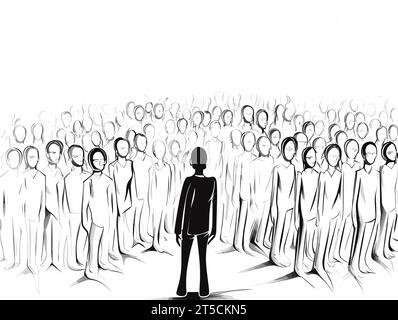 Zeichnung eines einzigartigen Mannes, der sich von der Menge der gewöhnlichen Menschen abhebt, getrennte, überzogene Linien. Stock Vektor