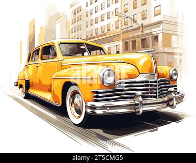 Zeichnung eines Vintage Yellow Taxis in New York Illustration getrennte, schwungvolle überzogene Linien. Stock Vektor