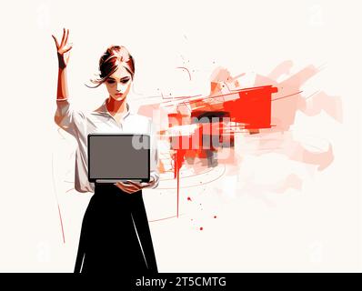Zeichnung einer Frau, die einen Laptop hält und auf eine Illustration des leeren Bildschirms zeigt, getrennte, überzogene Linien. Stock Vektor