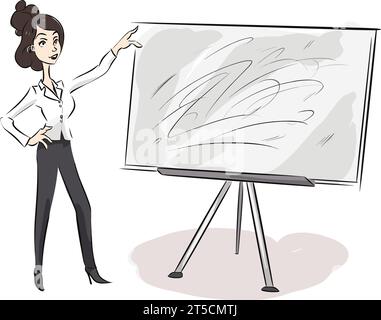 Zeichnung einer Sprecherin mit leerer Präsentation Whiteboard-Illustration getrennte, schwungvolle überzogene Linien. Stock Vektor