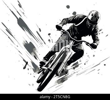 Zeichnung des jungen Sprungens mit Fahrrad-Silhouette Illustration getrennte, schwungvolle überzogene Linien. Stock Vektor