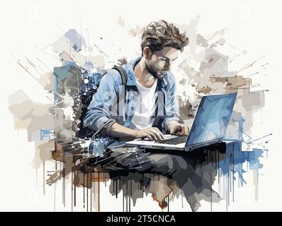 Zeichnung eines jungen Mannes, der am Schreibtisch sitzt und an der Laptop-Illustration arbeitet, getrennte, schwungvolle, überzogene Linien. Stock Vektor