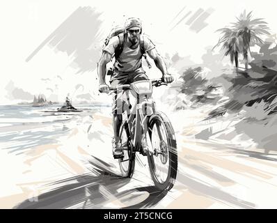 Zeichnung eines jungen Mannes, der mit dem Fahrrad in der Strandillustration Wheelie macht, getrennte, überzogene Linien. Stock Vektor