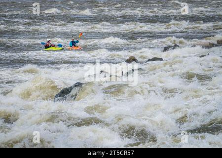 Granite City, Il, USA - 8. Oktober 2023: Zwei Wildwasserkayaker spielen und trainieren unter dem Low Water Dam am am Mississippi River bei Chain of Rocks n Stockfoto