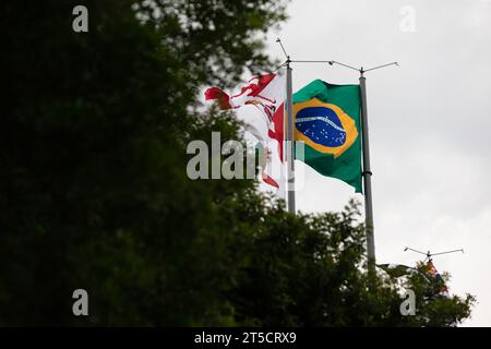 Sao Paulo, Brasilien. November 2023. Sao Paulo, Brasilien. November 2023. BRASILIANISCHE FLAGGE während des Qualifyings im Rahmen des F1 Sao Paulo Grand Prix 2023 im Autodromo Jose Carlos Pace am 03. November 2023 in Sao Paulo, Brasilien. Credit: Ruano Carneiro/Carneiro Images/Alamy Live News Credit: Ruano Carneiro/Carneiro Images/Alamy Live News Stockfoto