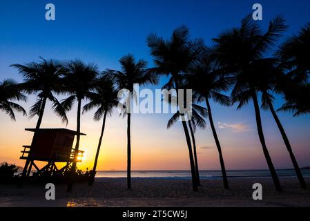 Palmen und Rettungsschwimmer am Copacabana Beach bei Sonnenaufgang Stockfoto
