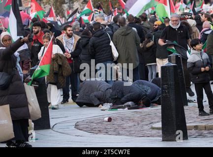 Westminster, London, Großbritannien. November 2023. Gruppen, die die Palästinenser unterstützen, protestieren in Zentral-London als Reaktion auf die anhaltende Krise zwischen Israel und Hamas im Gazastreifen. Israel erklärte, dass nach dem Angriff der Hamas auf Israel am 7. Oktober ein Kriegszustand zwischen den beiden Regionen besteht, bei dem mehr als 1400 israelische Männer, Frauen und Kinder ums Leben kamen. Die Proteste sind besorgt über die Reaktion des israelischen Militärs. Quelle: Newspics UK London/Alamy Live News Stockfoto