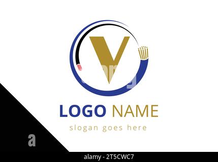 Buchstabe V mit elektrischem Draht, Glasfaserkabel Logo Design Vector Template Stock Vektor