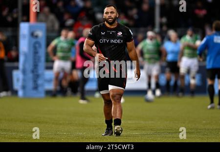 Barnet, Großbritannien. November 2023. Premierminister Rugby. Saracens Men V Leicester Tigers. Stone X Stadion. Barnet. Billy Vunipola (Saracens) während des Rugbyspiels Saracens Men V Leicester Tigers Gallagher Premiership. Quelle: Sport In Pictures/Alamy Live News Stockfoto