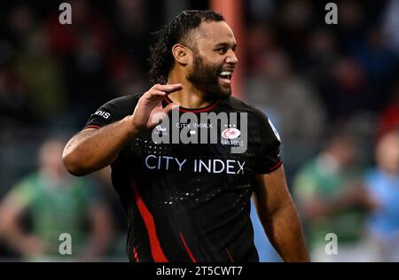 Barnet, Großbritannien. November 2023. Premierminister Rugby. Saracens Men V Leicester Tigers. Stone X Stadion. Barnet. Billy Vunipola (Saracens) während des Rugbyspiels Saracens Men V Leicester Tigers Gallagher Premiership. Quelle: Sport In Pictures/Alamy Live News Stockfoto