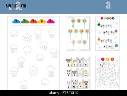Arbeitsblatt für untergeordnete Aktivitäten. Druckbare einfache mathematische Logikaufgabe für die Vorschule. Logische Aufgaben für Kinder Stock Vektor