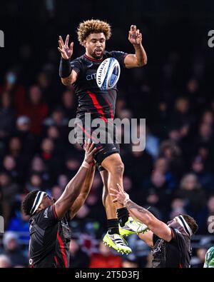 LONDON, VEREINIGTES KÖNIGREICH. November 23. Andy Christie von Saracens in Aktion während Saracens vs Leicester Tigers - Gallagher Premiership Rugby R2 im StoneX Stadium am Samstag, 4. November 2023. LONDON ENGLAND. Quelle: Taka G Wu/Alamy Live News Stockfoto