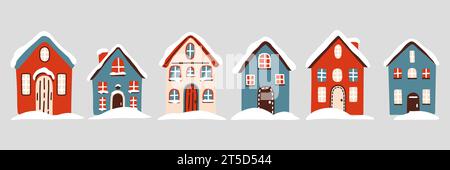 Winterhäuser im skandinavischen schlichten Retro-Stil. Vintage Hand gezeichnetes Cartoon Clipart für Weihnachtsdekoration, Karte, Poster, Flyer, Druck und Stock Vektor