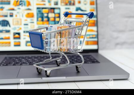 Augsburg, Bayern, Deutschland - 4. November 2023: Einkaufswagen mit Geldscheinen auf einem Laptop Computer vor einem Internet Online-Shop *** Einkaufswagen mit Banknoten auf einem Laptop vor einem Internet-Shop Credit: Imago/Alamy Live News Stockfoto