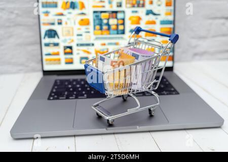 Augsburg, Bayern, Deutschland - 4. November 2023: Einkaufswagen mit Geldscheinen auf einem Laptop Computer vor einem Internet Online-Shop *** Einkaufswagen mit Banknoten auf einem Laptop vor einem Internet-Shop Credit: Imago/Alamy Live News Stockfoto