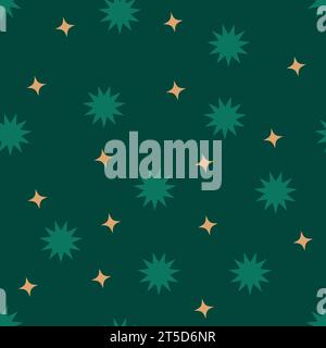 Nahtloses Muster mit sternförmigen geometrischen Elementen auf grünem Hintergrund. Drucken ideal für Gewebe, Textilien und Geschenkpapier. Vektorabbildung Stock Vektor
