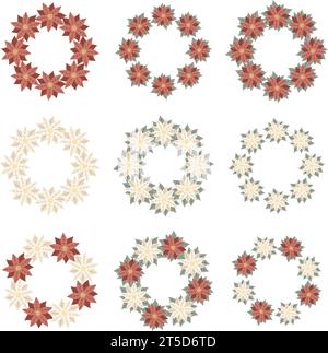 Weihnachtskränze mit weißem und rotem Weihnachtsstern. Design für Neujahr- und Weihnachtskarten, Scrapbooking, Aufkleber, Planer, Einladungen. Vektorillustr Stock Vektor