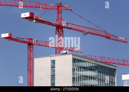 Basel, Schweiz - viele rote Turmdrehkrane auf der Baustelle, darunter Wilbert WT 650 e.tronic und Wilbert WT 420 e.tronic. Stockfoto