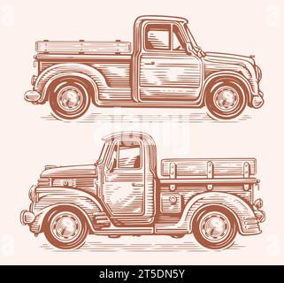 Bauernhofwagen im Retro-Stil. Oldtimer-Pick. Handgezeichnete Vektorgrafik Stock Vektor