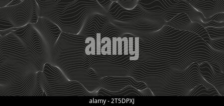 Abstrakter Hintergrund mit verzerrten Linienformen auf schwarzem Hintergrund. Monochrome Schalllinienkurven. Stock Vektor