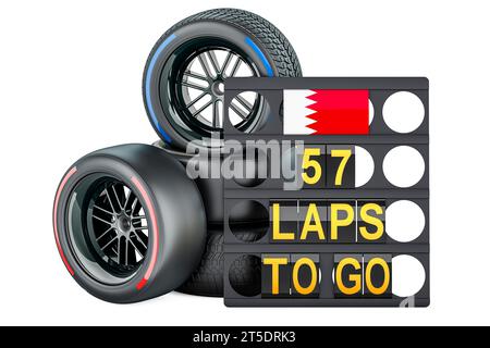 Bahrain-Rennen, Boxenbrett mit Flagge von Bahrain und Rennräder mit verschiedenen Verbundreifen. 3D-Rendering isoliert auf weißem Hintergrund Stockfoto