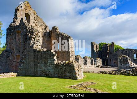 Kildrummy Castle (13. Jahrhundert), Aberdeenshire, Schottland, Vereinigtes Königreich. Der Elphinstone-Turm und die große Halle. Stockfoto