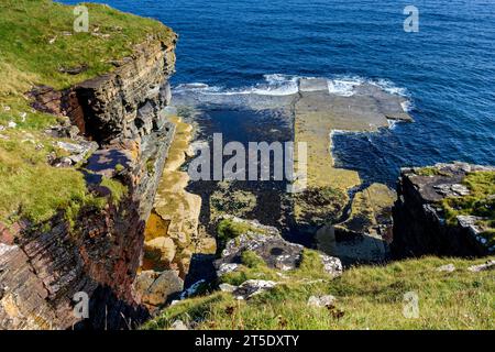 Klippenlandschaft und kuriose Felsformationen zwischen Skirza Head und Duncansby Head. Auf dem John o'Groats Trail, Caithness, Schottland, Großbritannien, Stockfoto