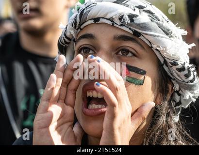 San Francisco, Usa. November 2023. Demonstranten aus dem ganzen Westen demonstrieren für Palästina und Gaza vor dem Rathaus in San Francisco am Samstag, 4. November 2023. Foto: Terry Schmitt/UPI Credit: UPI/Alamy Live News Stockfoto