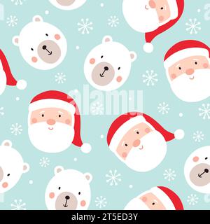 Nahtloses Weihnachtsmuster. Winter Hintergrund mit süßem Weihnachtsmann, Eisbär und Schneeflocken. Vektor-Illustration für Feiertage. Stock Vektor