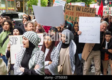 Canberra, Australien. November 2023. Demonstranten versammeln sich in Canberra, Australien, um Palästina zu unterstützen und einen sofortigen Waffenstillstand in Gaza zu fordern. Quelle: Leo Bild/Alamy Live News Stockfoto