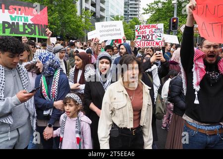 Canberra, Australien. November 2023. Demonstranten versammeln sich in Canberra, Australien, um Palästina zu unterstützen und einen sofortigen Waffenstillstand in Gaza zu fordern. Quelle: Leo Bild/Alamy Live News Stockfoto