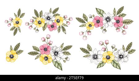 Aquarellset mit Blumensträußen auf weißem Hintergrund. Aquarellhandzeichnung isoliert. Illustration von Blumen mit Stiftdekoration für Stockfoto