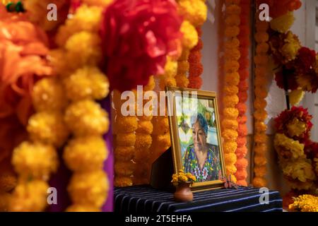 Seattle, Washington, USA. November 2023. An einem Altar der Gemeinde des El Centro de la Raza wird das jährliche fest Día de los Muertos für ihre Lieben überreicht. Quelle: Paul Christian Gordon/Alamy Live News Stockfoto